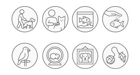 Line style icons of pet care as hobby in circles: walking dog, brushing cat, aquarium icon, feeding fish, bird on perch, hamster wheel, pet photo icon, pet toy.