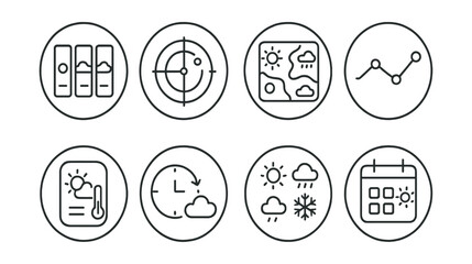 Line style icons of weather forecast in circles: 3-day forecast, radar screen, weather map icon, daily temperature line, app widget, hourly update, condition icons, forecast calendar.