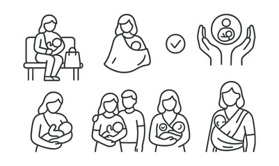 Line style icons of breastfeeding: nursing in public, nursing cover, supportive environment icon, breastfeeding rights icon, mother and baby icon, supportive partner icon, mom with badge, feeding in