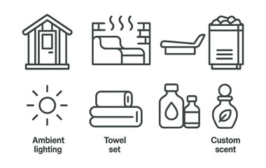 Line style icons of bathhouse: private bathhouse cabin, luxury steam room, designer bench, modern sauna stove, ambient lighting icon, individual towel set, personal oils, custom scent bottle.