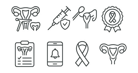 Line style icons of women’s health: cervical screening, HPV vaccine icon, swab test, early detection badge, test result chart, reminder app, prevention ribbon, healthy cervix icon.