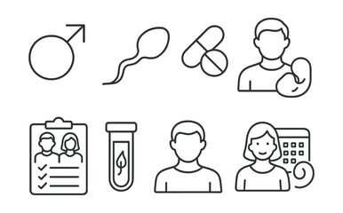 Line style icons of men&rsquo;s health: male fertility symbol, sperm health icon, fertility test kit, vitamin support icon, reproductive plan icon, couple with checklist, hormone test, fertility awareness.