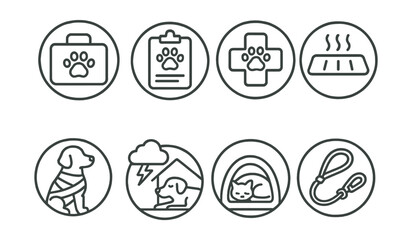 Line style icons of pets at home: pet emergency kit, vet contact list, pet first aid cross, cooling mat icon, anxiety wrap symbol, thunder calm space, safe hide zone, quick grab leash. Circular icons