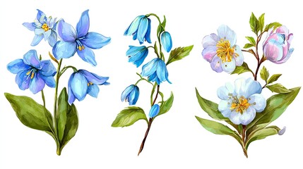 Watercolor spring flower set bluebells with blossoms, and floral bouquets.