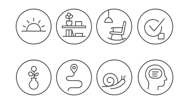 Line style icons of wellness and healthy living: minimalist day icon, clutter-free shelf, space with purpose, less but better symbol, mindful object circle, intentional choice path, slow living