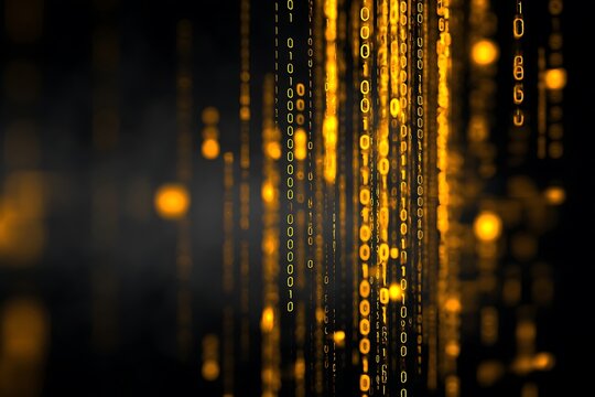 Golden binary code falling down on a dark background creating a digital matrix effect