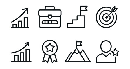 Line style icons of career and growth: upward arrow, briefcase with progress bar, steps with flag, target and path line, progress chart icon, goal achievement badge, career mountain, personal success