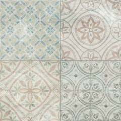 Colorful ceramic wall tiles decoration. Abstract damask patchwork pattern with geometric and floral ornaments, Vintage tiles intricate details