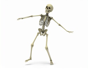 Halloween skeleton dancing over white background, X-ray cheerful human skeleton with fancy poses and moves