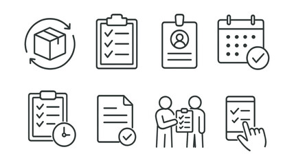 Line style icons of inventory management: inventory count cycle, regular audit checklist, physical verification badge, stocktake calendar, daily check-in log, count results file, team count process,