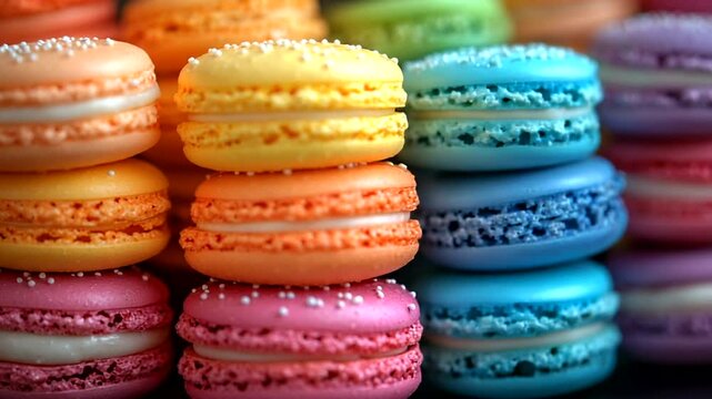 Colorful macarons stacked in a display