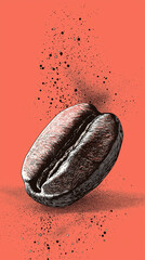 Naklejka premium large brown coffee bean and grounds falling vintage technical illustration coral background java cup of joe caffeine beverage cafe branding book cover design vertical