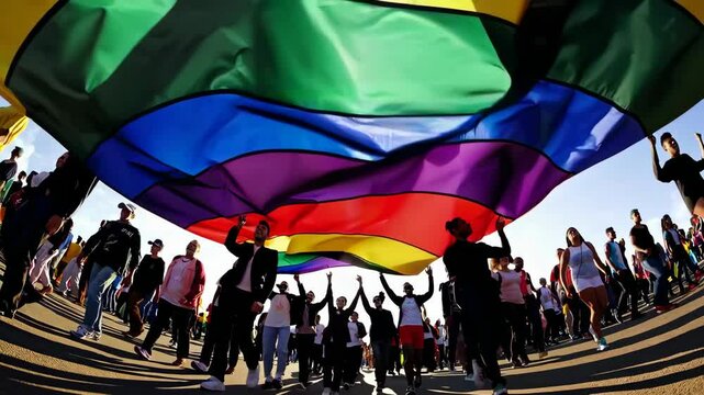 Colorful parachute adventure: group joy and laughter under vibrant canopy at sunset