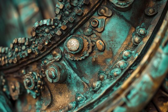 Antique bronze patina with verdigris accents macro decay details steampunk aesthetic