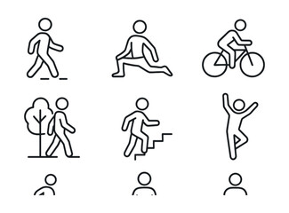 Line style icons of movement and activity: daily steps, yoga stretch, light jog, cycling icon, nature walk, stair climbing, dance for joy, mindful posture.