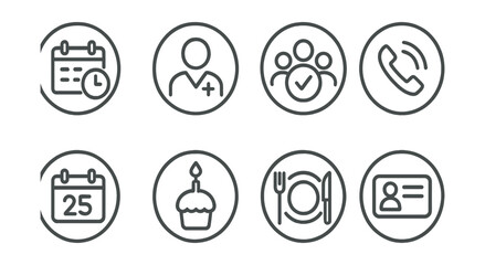 Line style icons of appointment and events in circles: calendar with clock, doctor appointment icon, team meeting badge, scheduled call, event countdown, birthday circle icon, reservation ring,