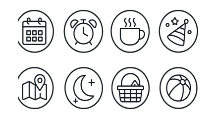 Fototapeta premium Line style icons of weekend and leisure in circles: free day icon, relaxation clock, slow morning ring, fun time badge, outing plan icon, weekend reset, picnic hour, playtime circle.