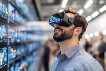 VR Headset Immersion: Bearded Man Gazing at Array of Digital Displays, Futuristic Tech Experience.