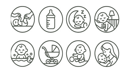 Line style icons of daily parenting in circles: diaper change, feeding bottle, nap schedule, bedtime routine, bath time icon, stroller walk, baby playtime, cuddle moment.