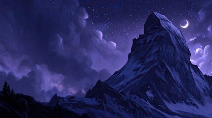 Mountain Majesty Starry Night Peak with Crescent Moon.
