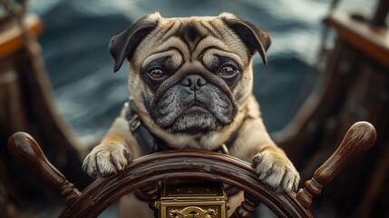 Angry pug pirate stern expression paw firmly gripping tiny ships wheel dark sea swells rising treasure chest locked securely