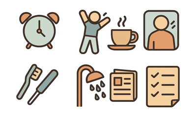 Outline with Fill vector icons of daily morning rituals: alarm clock, stretching person, coffee cup, mirror reflection, toothbrush, shower head, morning news, to-do list.
