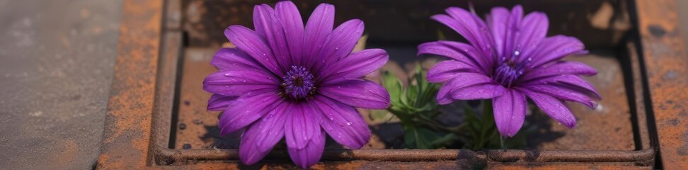 Obraz premium A vibrant purple flower blossoms atop a rusty metal grate , flora, purple, outdoor