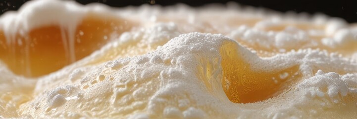 Obraz premium Close-up creamy beer foam head, bubbly texture, bar, head, rustic