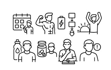 Line style icons of men’s health: morning routine planner, energy peak tracker, habit stacking icon, sunrise stretch, hydration reminder, supplement routine, daily reflection icon, priority focus.