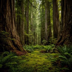 Obraz premium an ancient redwood forest with massive towering trees surrounded by green ferns and mosscovered ground