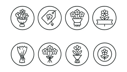 Line style icons of mini and mono bouquets: mini bouquet label, tag with flower type, mono bouquet name card, ribbon with flower name, hand-drawn mono wrap, circular bouquet label, mini bouquet