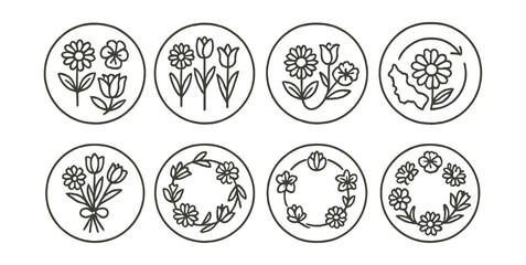 Fototapeta premium Line style icons of seasonal flowers: seasonal flower combo chart, stem mix by month, flower rotation icon, year-round bloom cycle, seasonal bloom map, bouquet per quarter, garden planner ring,