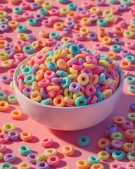 Colorful Cereal Rings in White Bowl on Pink Background