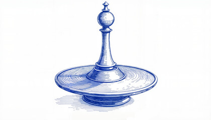 Vintage spinning top sketch in blue ink on white background, nostalgic toy concept