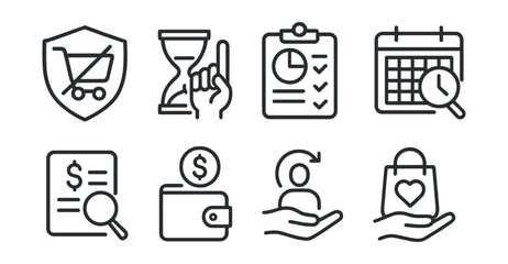 Line style icons of financial discipline: no impulse spending badge, wait-before-buying icon, budgeting habit tracker, review expenses weekly, set limit icon, savings reminder, mindful spending icon,