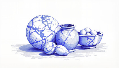 Vintage sketch of marbles and pottery in blue ink, artistic still life composition