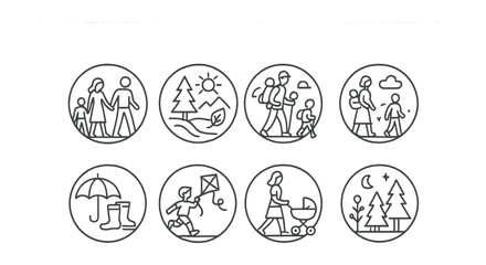 Line style icons of family and parenting: family walk icon, weekend nature badge, hike with children, seasonal outing ring, weather gear icon, spontaneous adventure symbol, travel with stroller,