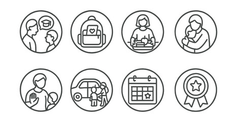 Line style icons of family and parenting: parent and school chat, note in backpack, lunchbox prep icon, goodbye hug moment, school pickup icon, calm routine ring, open school calendar, shared success