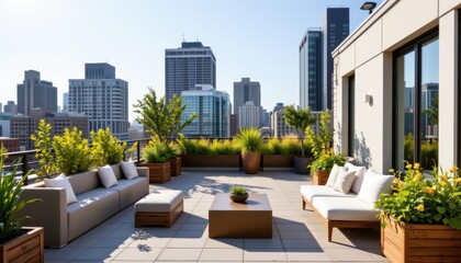 Modern Rooftop Garden with Lush Greenery and City Skyline Views