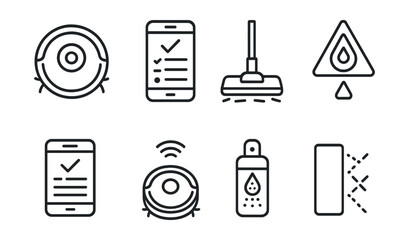 Line style icons of smart cleaning: robot vacuum, app cleaning schedule, smart mop icon, refill alert, clean report screen, connected cleaner, smart spray, virtual wall.