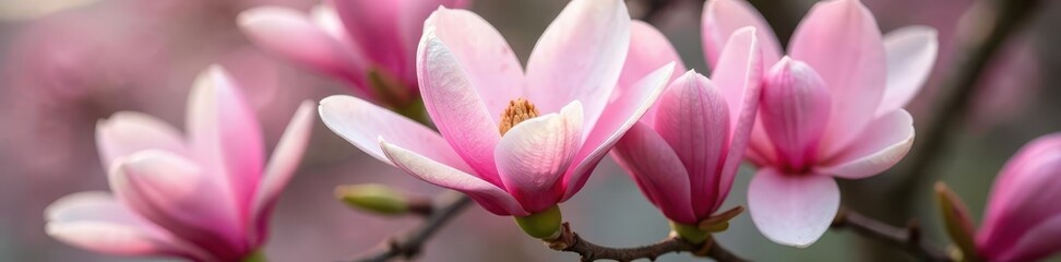 Fototapeta premium A pink magnolia's stem is adorned with delicate white and green markings, detail, magnolia, natural