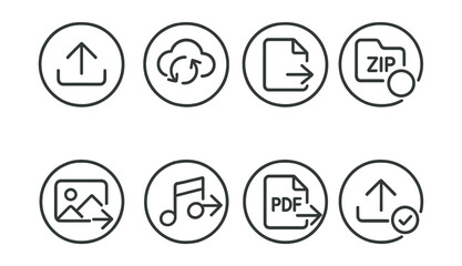Line style icons of online communication: file upload icon, cloud sync badge, document transfer symbol, zip folder ring, image share icon, audio clip icon, PDF send icon, upload success check.