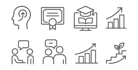 Line style icons of career and growth: personal development icon, training certificate, online course badge, skills upgrade arrow, coaching session symbol, mentor and learner, learning progress,