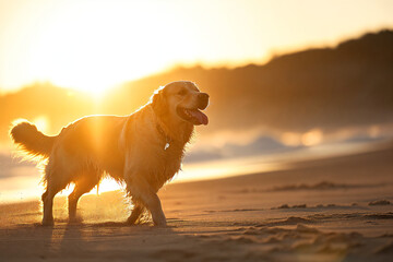 Joyful golden retriever running on the beach at sunrise - happy dog in motion, enjoying seaside freedom and golden light