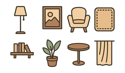 Outline with Fill style icons of minimal interior decor: floor lamp, wall art, cozy chair, rug, shelf with books, potted plant, round table, curtain fold.