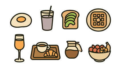 Outline with Fill vector icons of weekend brunch moments: poached egg, smoothie glass, avocado toast, waffle plate, mimosa, breakfast tray, syrup jar, fruit bowl.
