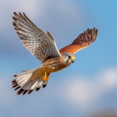 Fototapeta premium beautiful kestrel in flight on wings and tail clear sky background