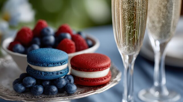french national holiday celebration, chic bastille day dessert spread french flag macarons, berry tarts, sparkling drinks, blue-white-red decor- for a magazine food spotlight