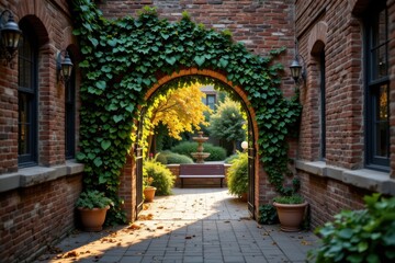 Fototapeta premium Charming Ivy-Covered Archway in Downtown Courtyard Setting