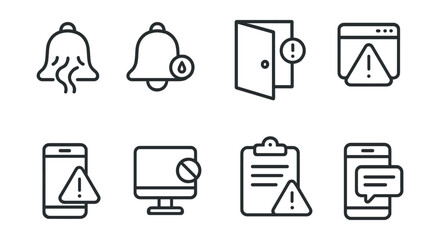 Line style icons of notifications and alerts: smoke alert, water leak notification, door left open, system error icon, mobile warning icon, device offline, alert history, push message.
